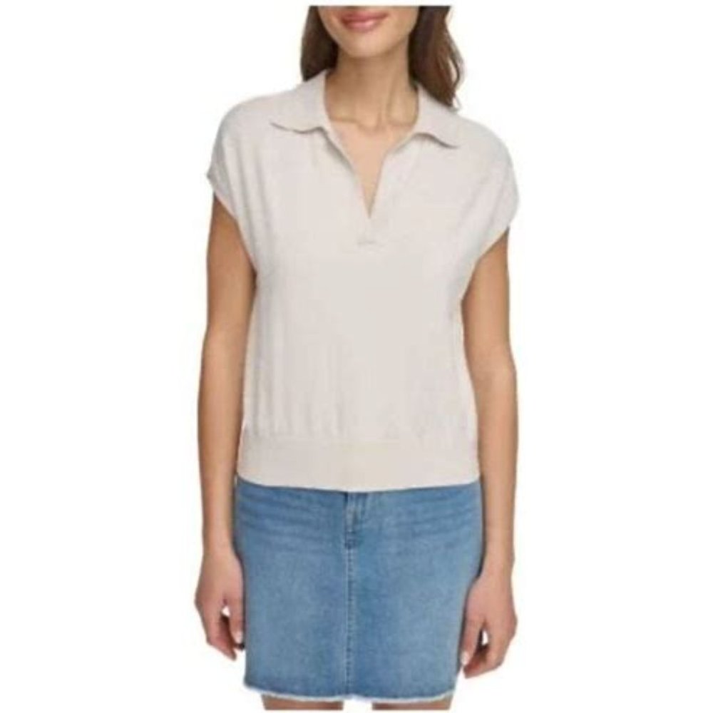 DKNY Modern Fit Sleeveless Collared Birch V Neck Sweater NWT
